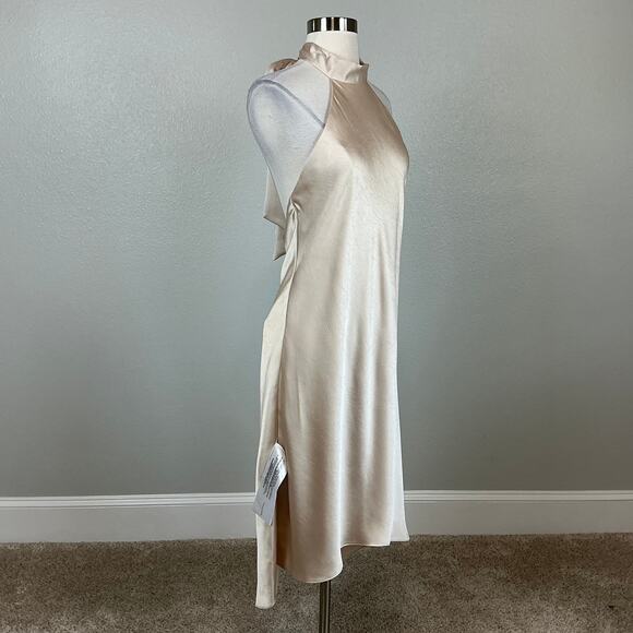 BCBGMAXAZRIA Satin Backless High Low Sleeveless Shift Cocktail Dress Gold Size 6 - Picture 3 of 13